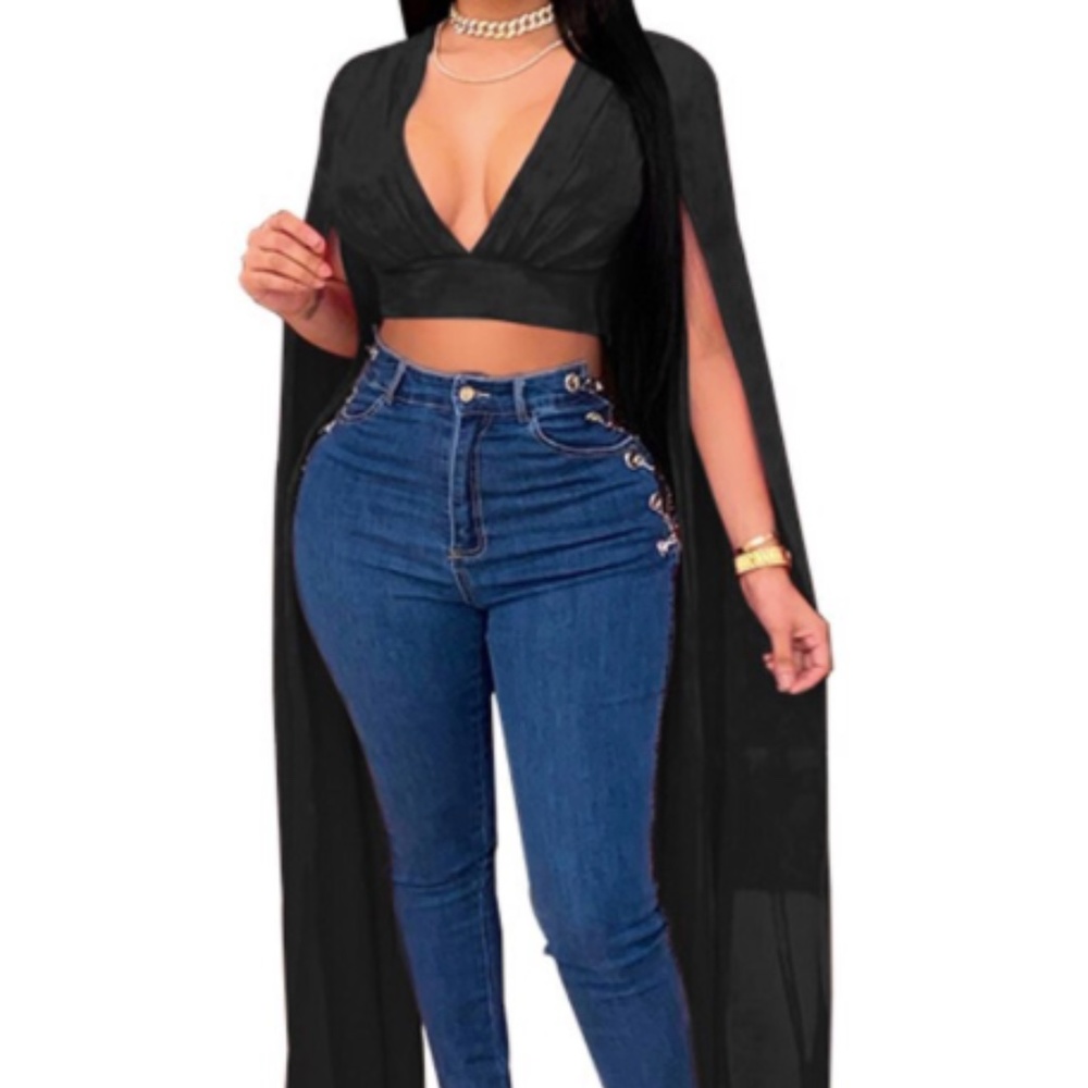 Women Sexy Deep V Solid Color Fluttering Sleeve Crop Top